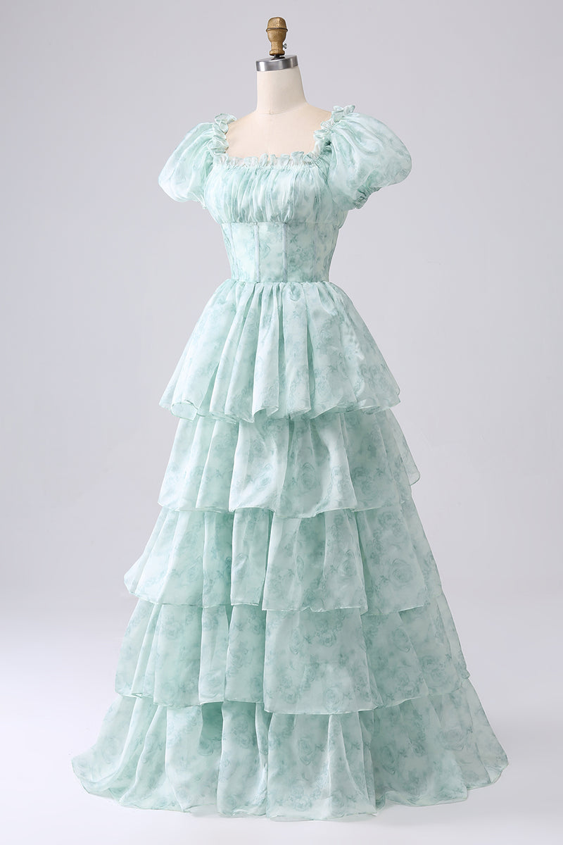 Load image into Gallery viewer, A Line Square Neck Light Blue Tiered Prom Dress with Ruffles