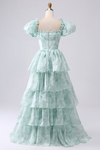 A Line Square Neck Light Blue Tiered Prom Dress with Ruffles