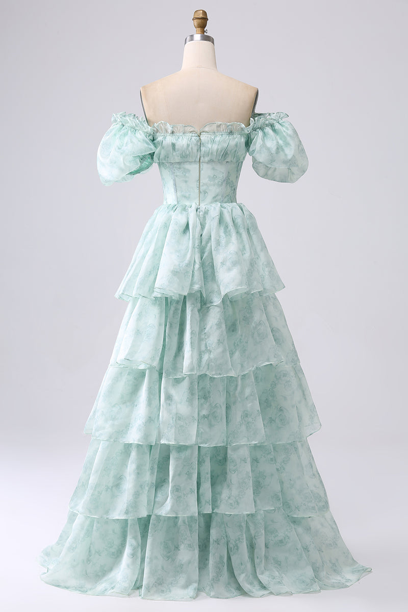 Load image into Gallery viewer, A Line Square Neck Light Blue Tiered Prom Dress with Ruffles