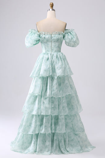 Light Blue A Line Long Tiered Corset Prom Dress