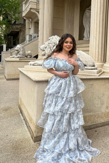 A Line Square Neck Light Blue Tiered Prom Dress with Ruffles