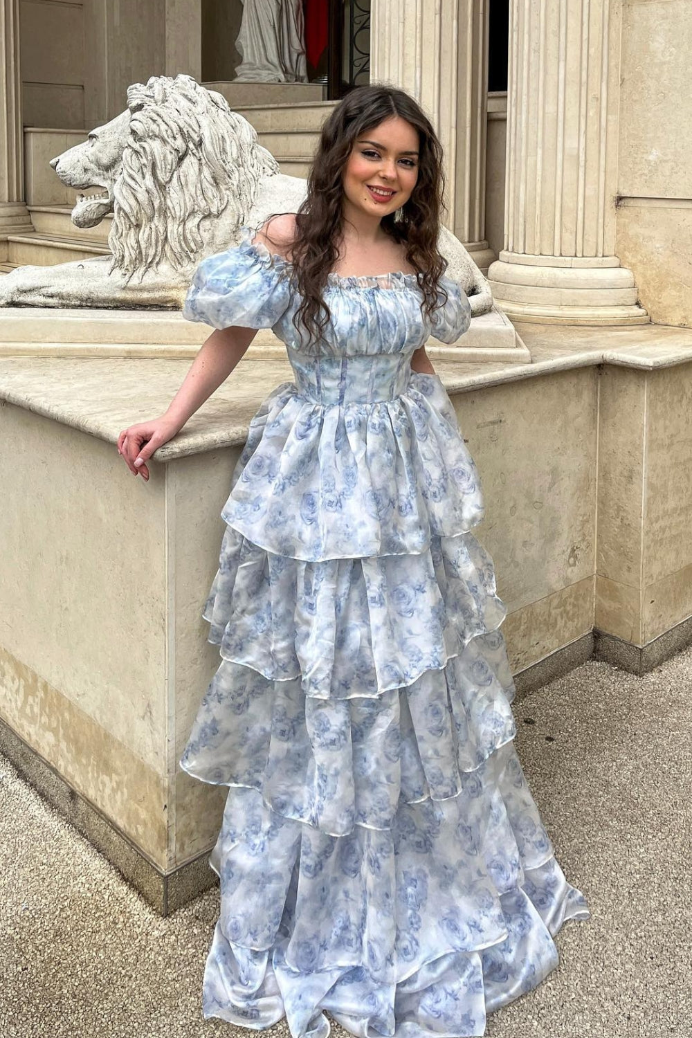 A Line Square Neck Light Blue Tiered Prom Dress with Ruffles