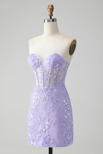 Glitter Lilac Sweetheart Tight Embroidery Party Dress