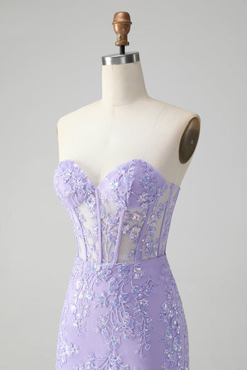 Glitter Lilac Sweetheart Tight Embroidery Party Dress