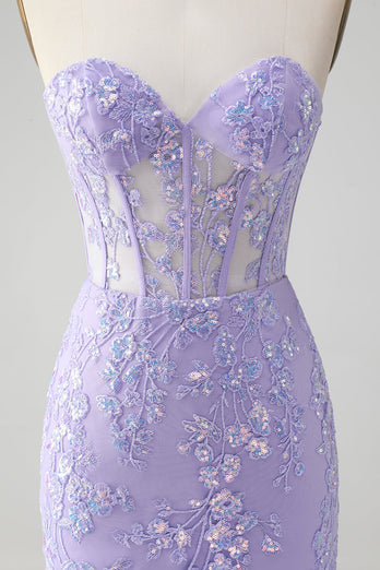 Glitter Lilac Sweetheart Tight Embroidery Party Dress