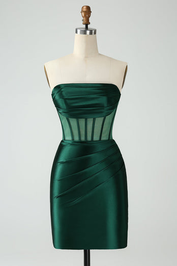 Dark Green Strapless Pleats Tight Short Prom Dress