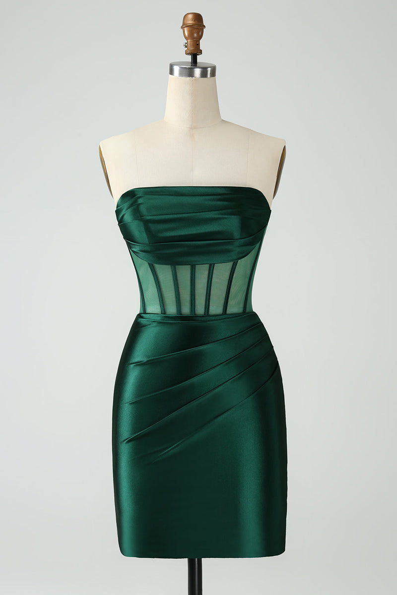 Load image into Gallery viewer, Dark Green Strapless Pleats Tight Short Prom Dress