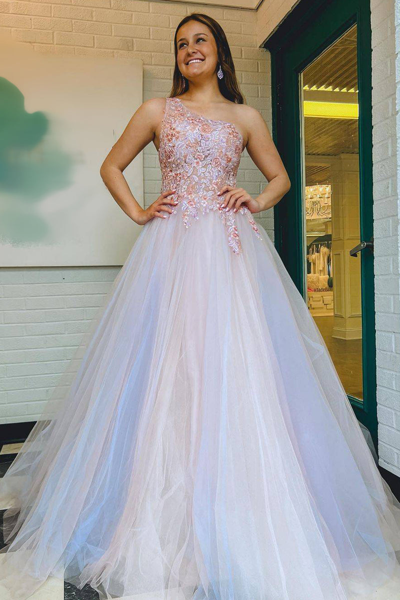 Load image into Gallery viewer, Grey Pink A-Line One Shoulder Long Prom Dress with Appliques