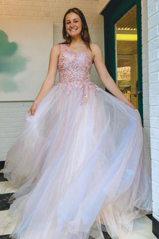 Grey Pink A-Line One Shoulder Long Prom Dress with Appliques