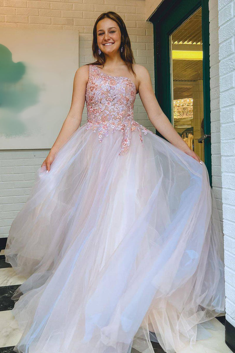 Load image into Gallery viewer, Grey Pink A-Line One Shoulder Long Prom Dress with Appliques