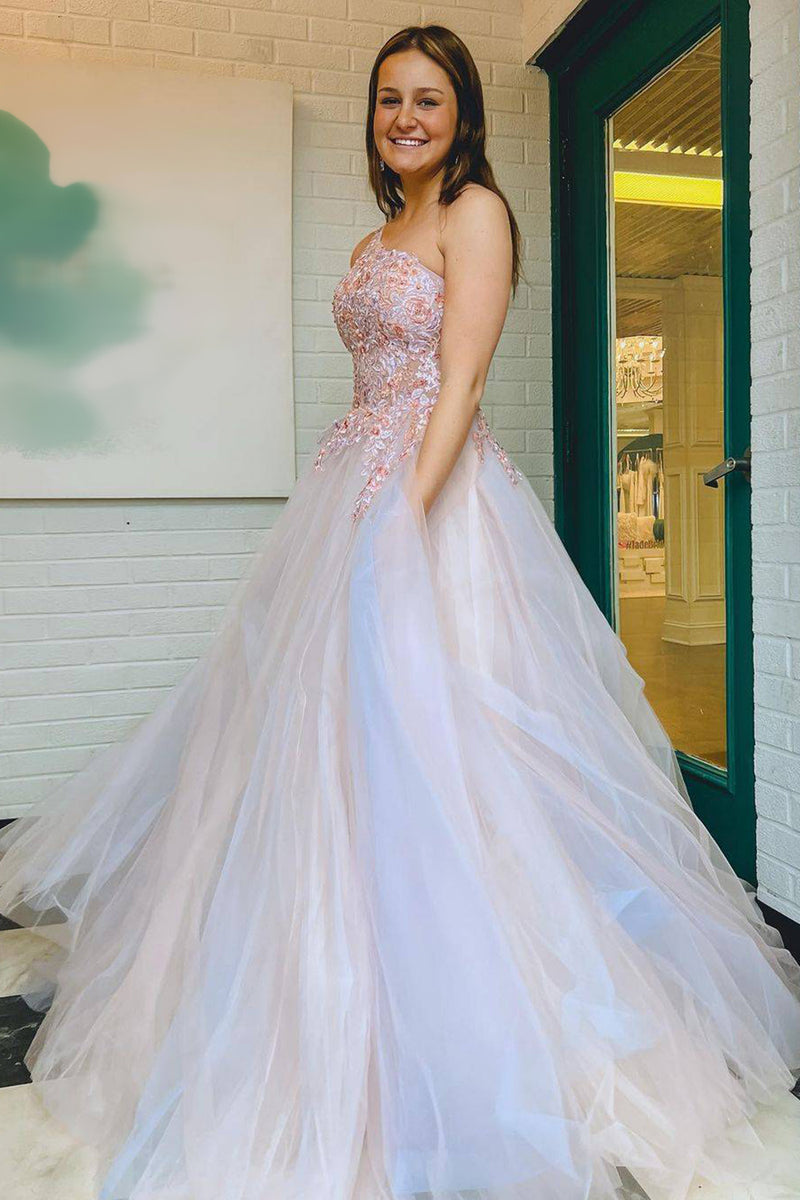 Load image into Gallery viewer, Grey Pink A-Line One Shoulder Long Prom Dress with Appliques