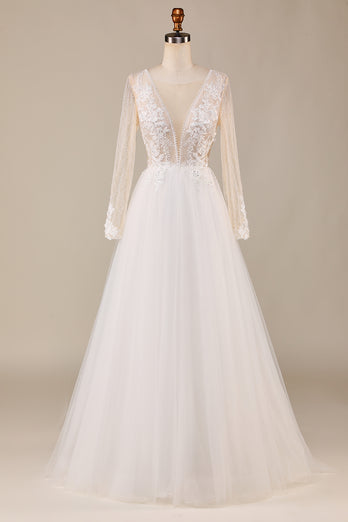 Tulle Ivory Long Sleeves Wedding Dress with Lace