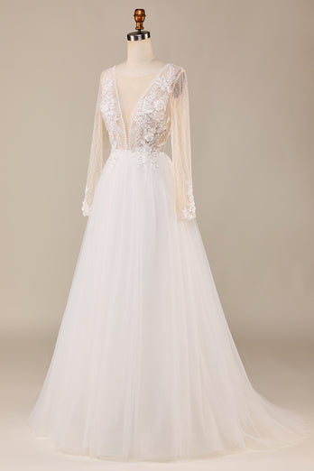 Tulle Ivory Long Sleeves Wedding Dress with Lace