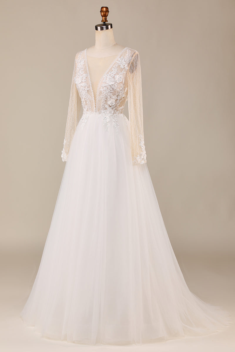 Load image into Gallery viewer, Tulle Ivory Long Sleeves Wedding Dress with Lace