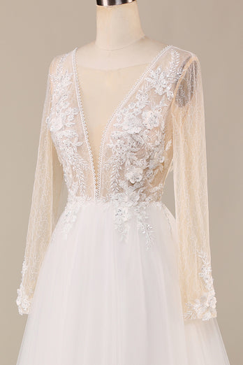 Tulle Ivory Long Sleeves Wedding Dress with Lace