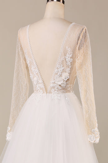 Tulle Ivory Long Sleeves Wedding Dress with Lace