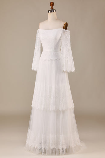 Tulle Tiered Off The Shoulder Ivory Wedding Dress with Lace