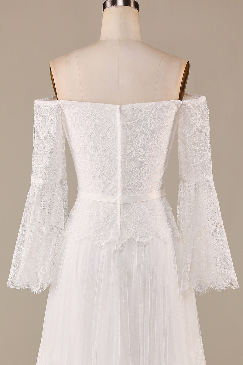 Load image into Gallery viewer, Tulle Tiered Off The Shoulder Ivory Wedding Dress with Lace