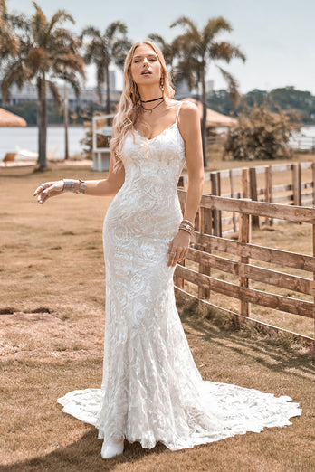 Mermaid Backless Lace Ivory Wedding Dress with Sweep Train