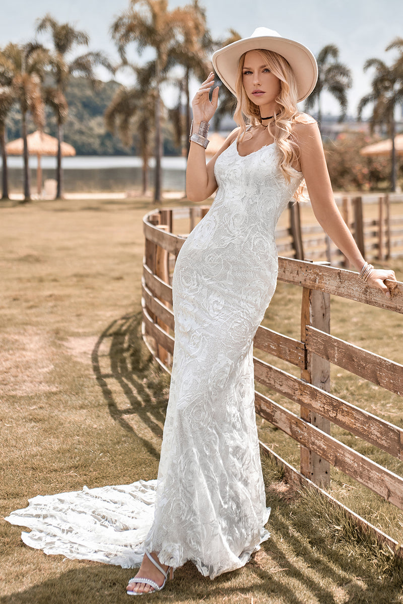 Load image into Gallery viewer, Mermaid Backless Lace Ivory Wedding Dress with Sweep Train