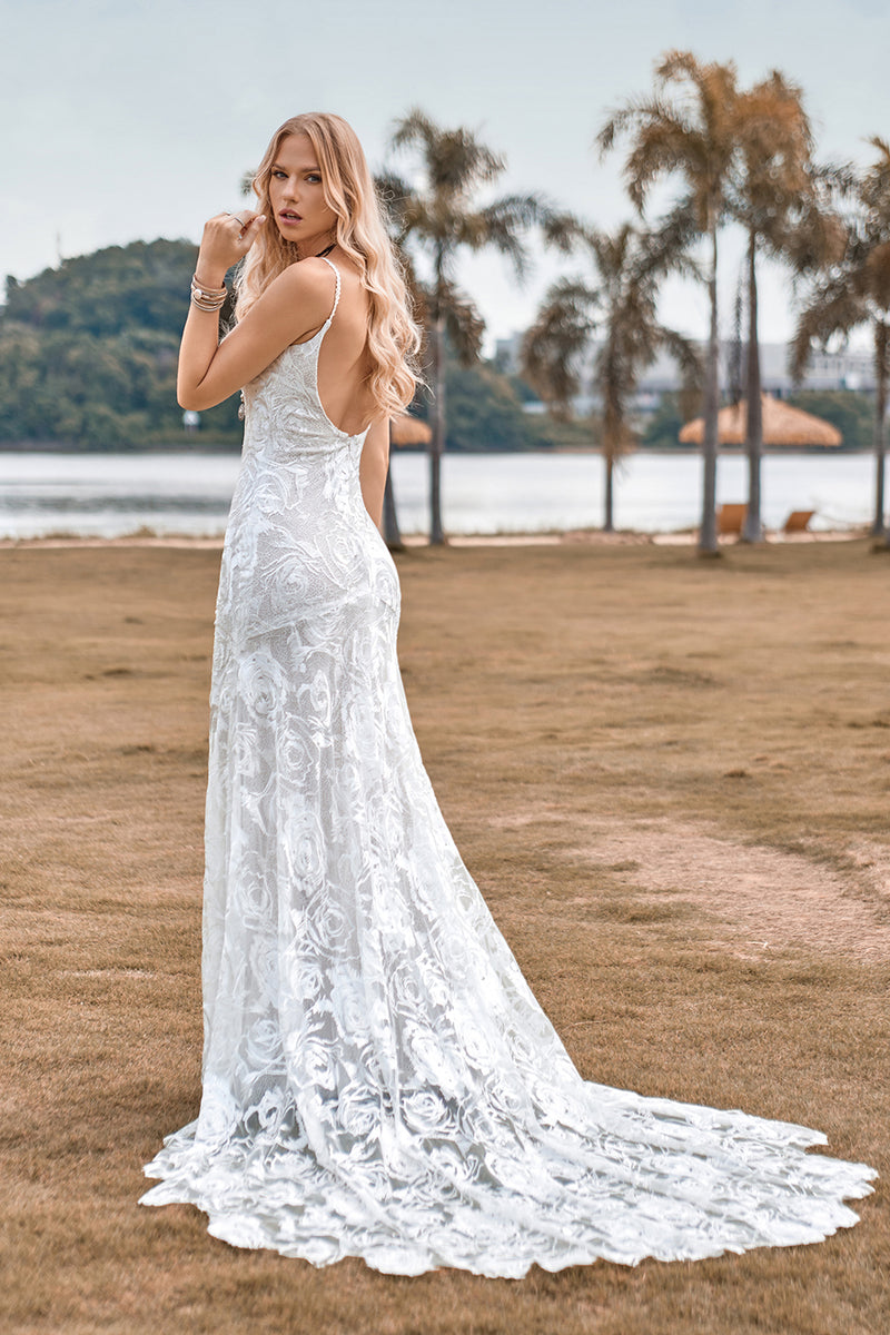 Load image into Gallery viewer, Mermaid Backless Lace Ivory Wedding Dress with Sweep Train