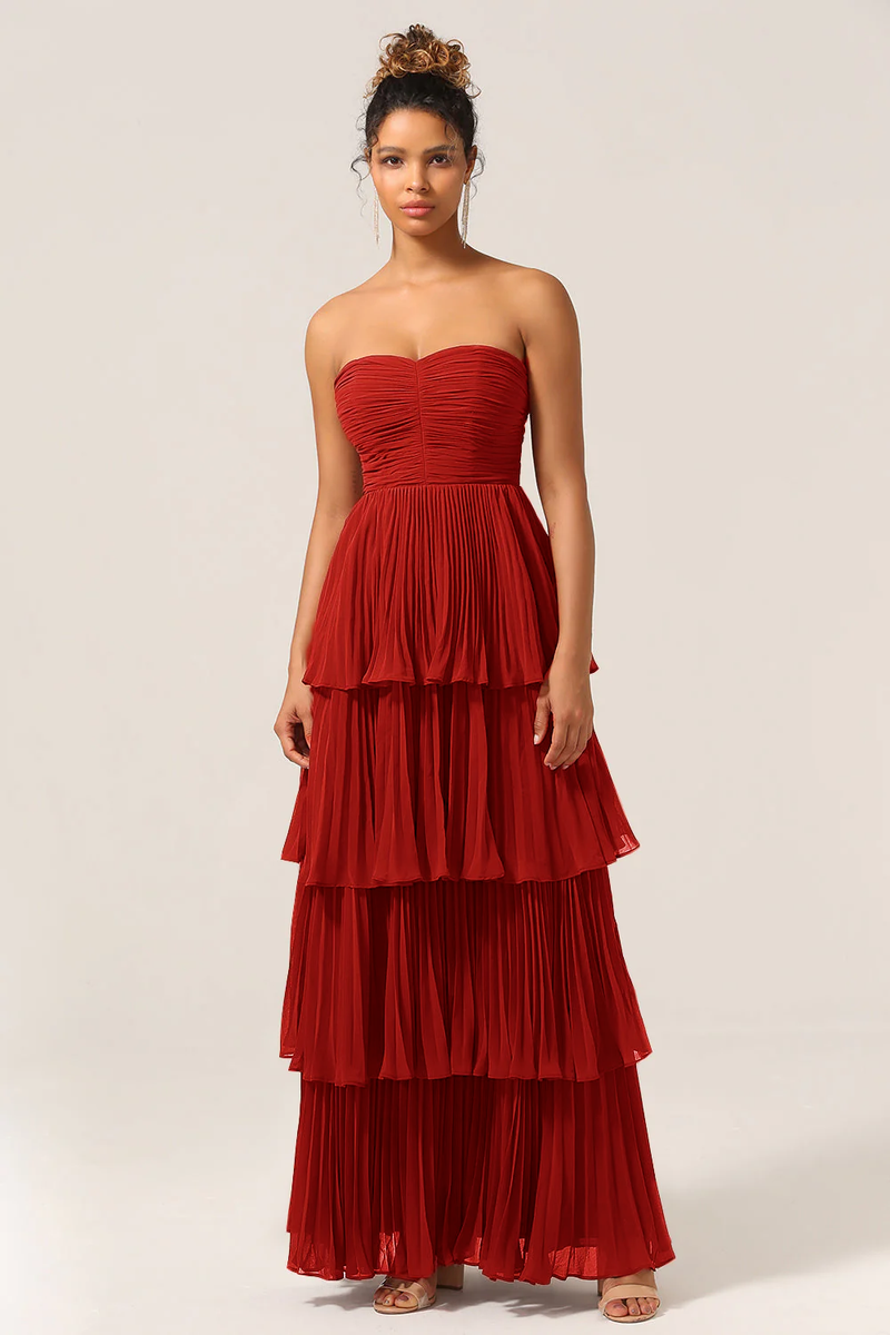 Load image into Gallery viewer, Strapless Tiered Burgundy Long Bridesmaid Dress