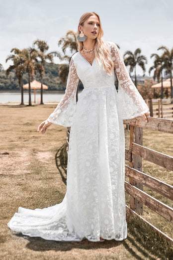 A-Line Ivory Lace Flare Sleeves Wedding Dress