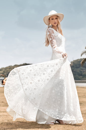 A-Line Ivory Lace Flare Sleeves Wedding Dress