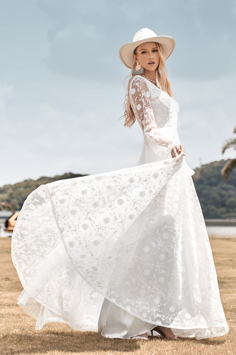 Load image into Gallery viewer, A-Line Ivory Lace Flare Sleeves Wedding Dress