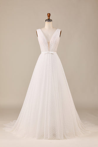 Tulle A-Line Deep V-Neck Ivory Wedding Dress with Bowknot