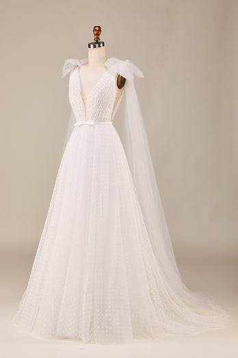 Tulle A-Line Deep V-Neck Ivory Wedding Dress with Bowknot