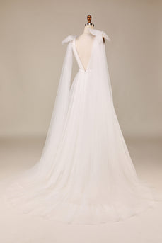 Tulle A-Line Deep V-Neck Ivory Wedding Dress with Bowknot