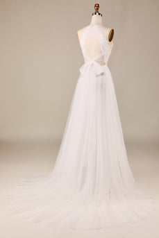 Tulle Open Back Sweep Train Ivory Wedding Dress with Lace