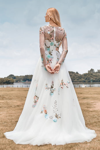 Long Sleeves Tulle Ivory Wedding Dress with Embroidery