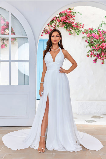 A-Line Halter Ivory Sweep Train Wedding Dress with Split Front