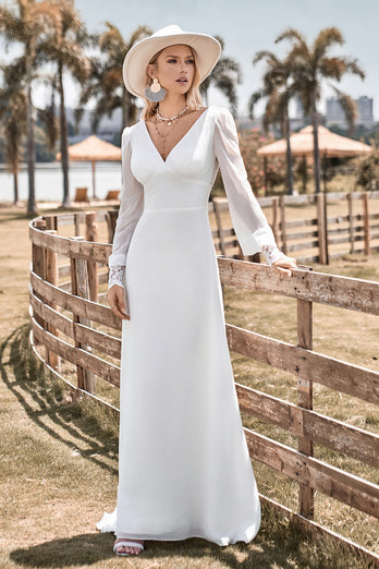 Open Back Long Sleeves Ivory Wedding Dress with Open Back