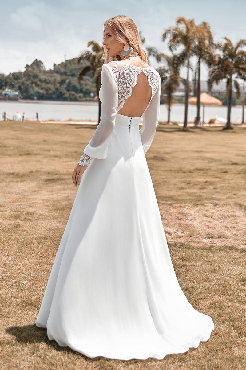 Load image into Gallery viewer, Open Back Long Sleeves Ivory Wedding Dress with Open Back