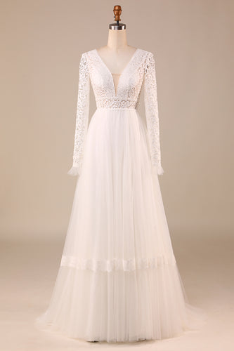 Tulle A-Line Long Sleeves Ivory Wedding Dress with Lace