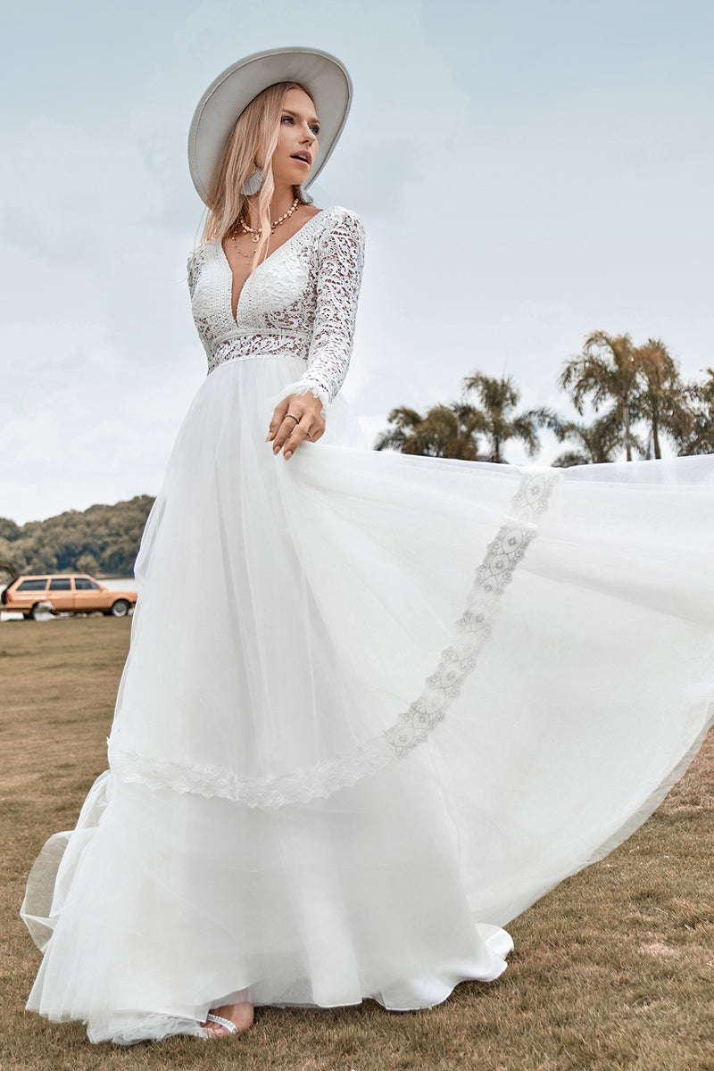 Load image into Gallery viewer, A-Line Tulle Long Sleeves Ivory Wedding Dress with Lace