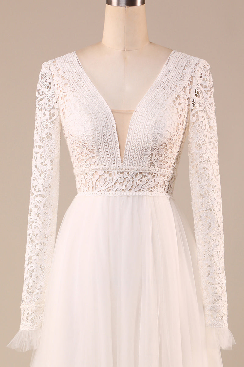 Load image into Gallery viewer, Tulle A-Line Long Sleeves Ivory Wedding Dress with Lace