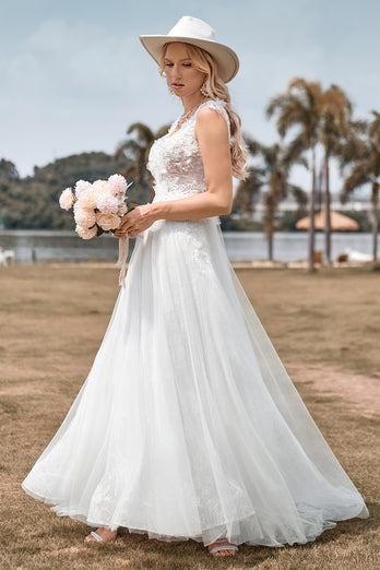 Sparkly Tulle Ivory Long Wedding Dress with Beading