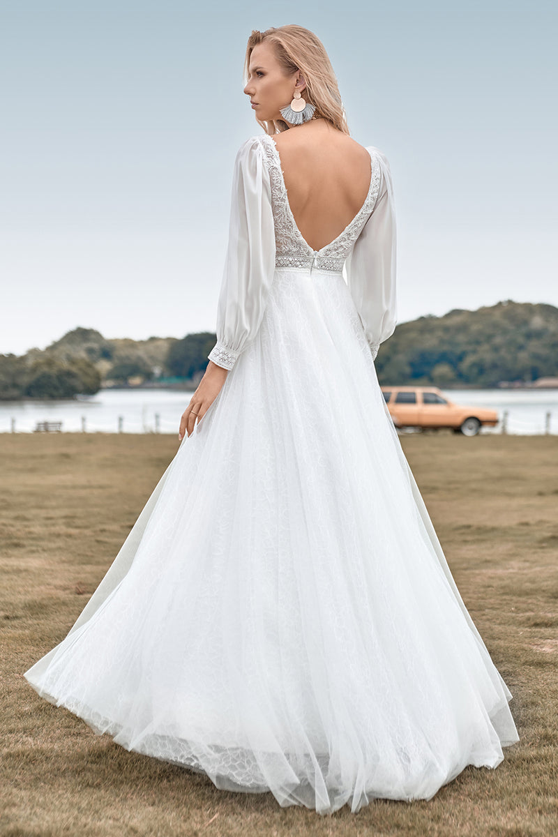 Load image into Gallery viewer, Tulle A-Line Beaded Ivory Wedding Dress with Sleeves