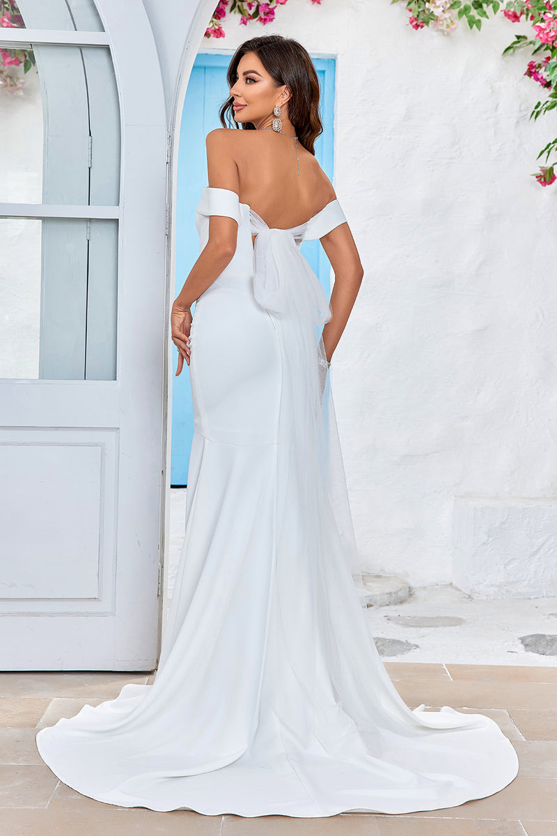 Load image into Gallery viewer, Off The Shoulder Mermaid Ivory Bridal Dress with Bownot