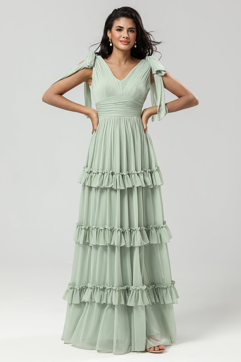 Load image into Gallery viewer, Tiered Dusty Sage Bridesmaid Dress with Bow