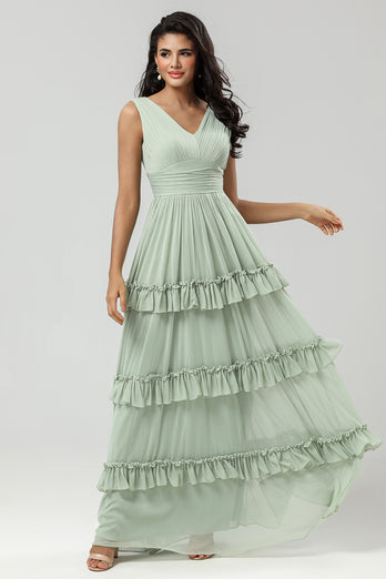 Tiered Dusty Sage Bridesmaid Dress with Bow