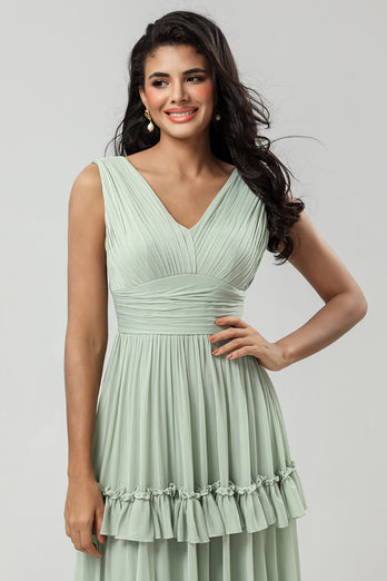 Tiered Dusty Sage Bridesmaid Dress with Bow