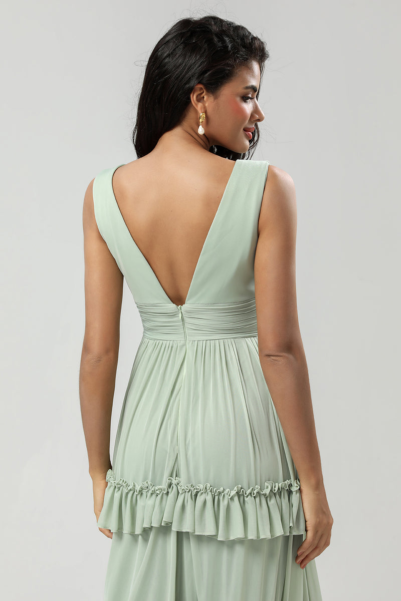 Load image into Gallery viewer, Tiered Dusty Sage Bridesmaid Dress with Bow