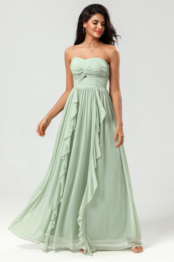 Strapless Sleeveless Dusty Sage Bridesmaid Dress with Ruffles