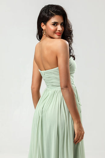 Strapless Sleeveless Dusty Sage Bridesmaid Dress with Ruffles