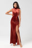 Load image into Gallery viewer, Velvet Stand Collar Terracotta Bridesmaid Dress with Split Front